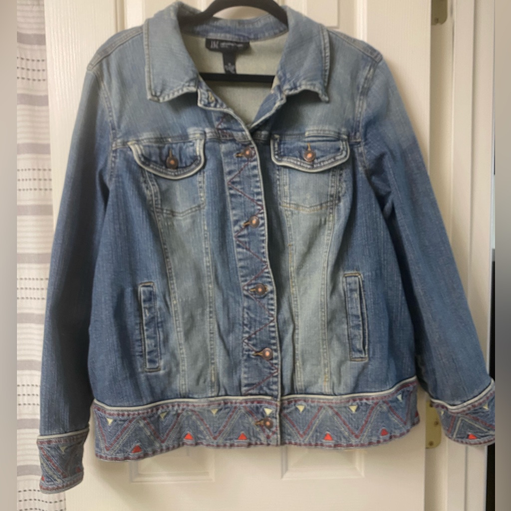 Inc Distressed Stretch Denim Jacket With Embroidery On Bottom And Cuffs Size 1x